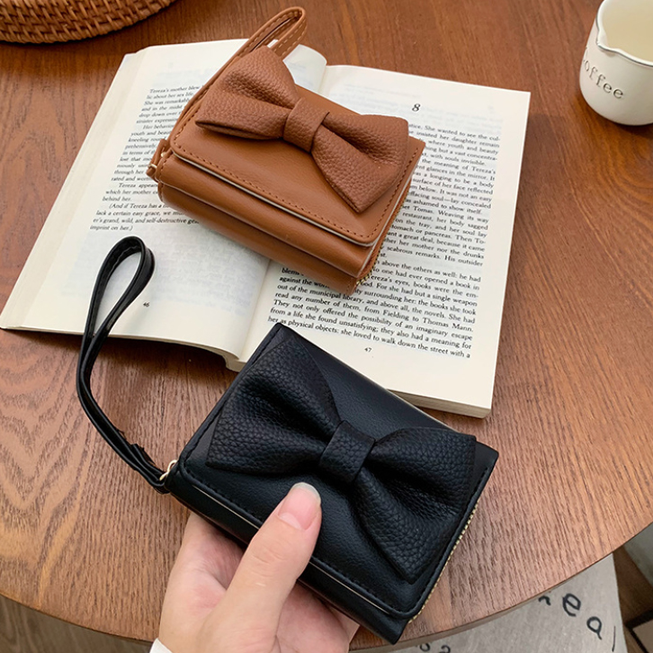 二つ折り財布 女性用リボン付きコンパクト財布二つ折り短財布