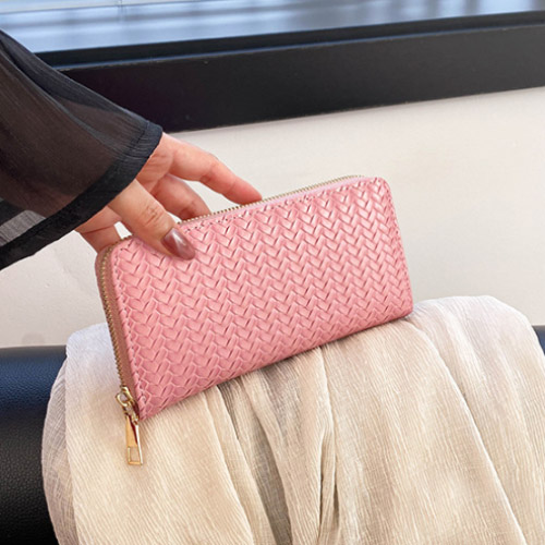 編み込み風レディース長財布大容量ラウンドジップ