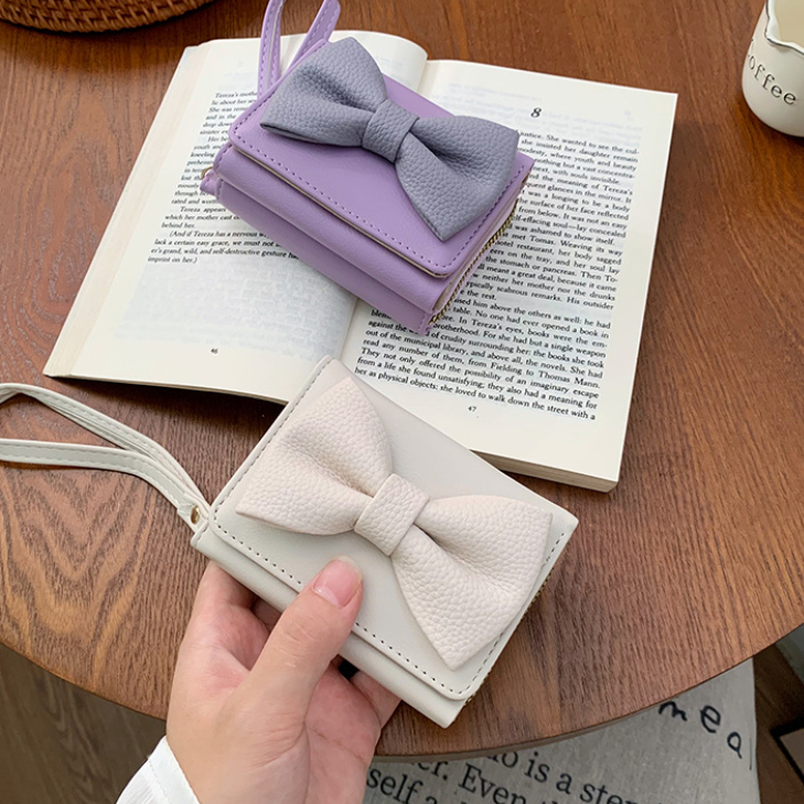 二つ折り財布 女性用リボン付きコンパクト財布二つ折り短財布