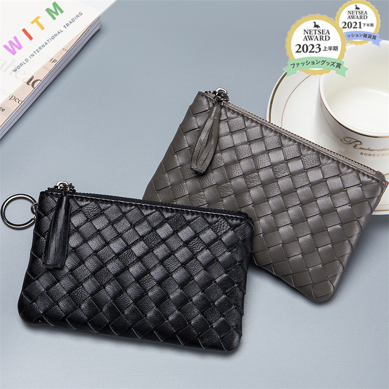 二つ折り財布 本革編み込みコンパクト財布 極薄二つ折りタイプ 全6色