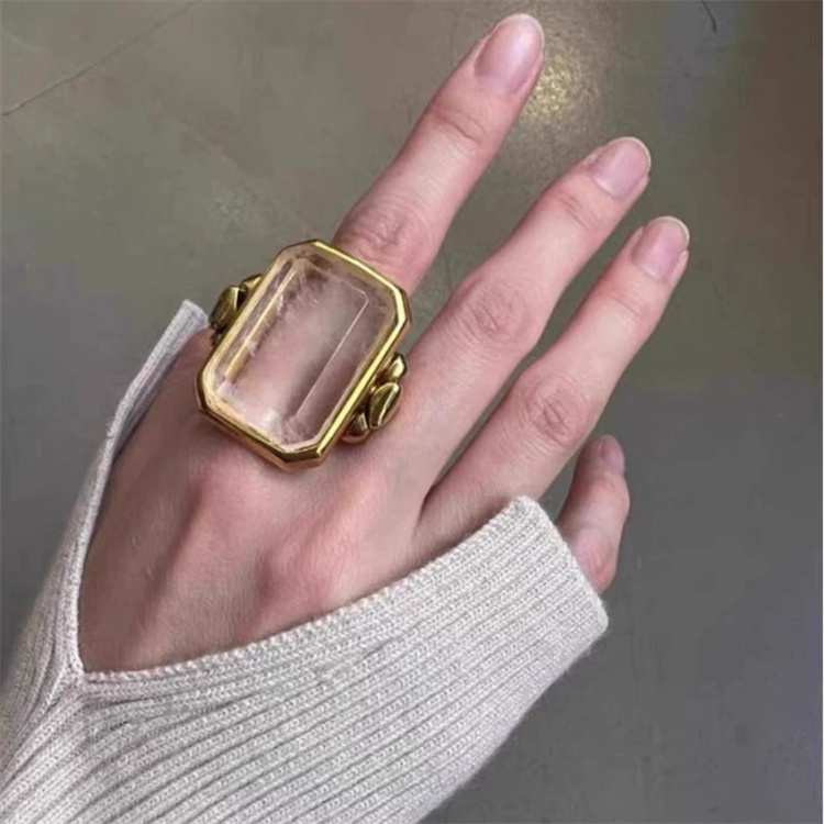 ペア アクセサリー レトロ風 天然石 四角リング カップル向け
