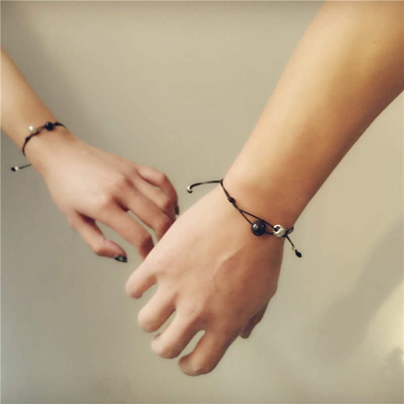 ペア アクセサリー 天然石ビーズ付き編み込み紐バングル