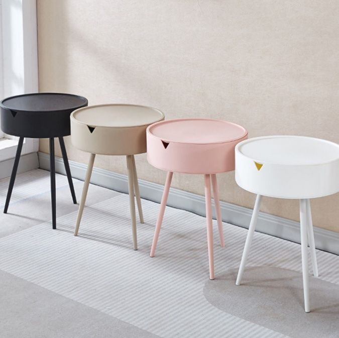 ベッドサイドテーブル 小さめ 円形収納付き三本脚小さめサイドテーブル