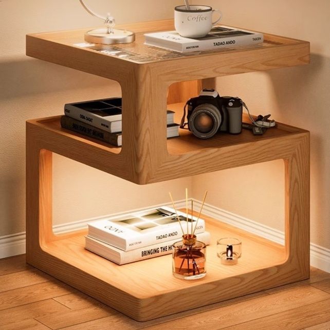 ベッドサイドテーブル 木目調 多段収納ベッドサイドテーブル