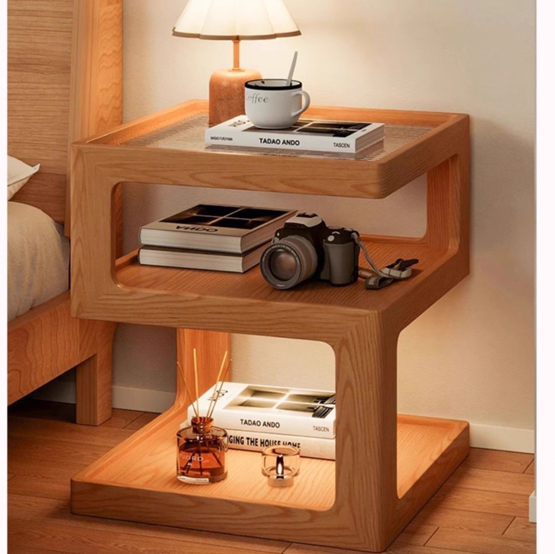 ベッドサイドテーブル 木目調 多段収納ベッドサイドテーブル