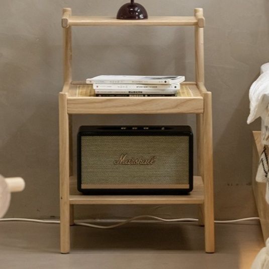 ベッドサイドテーブル 小さめ 三段藤編み天板付き木製小型収納棚