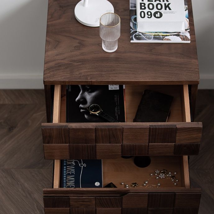 ベッドサイドテーブル 格子模様木製二段引き出し付きベッドサイドテーブル