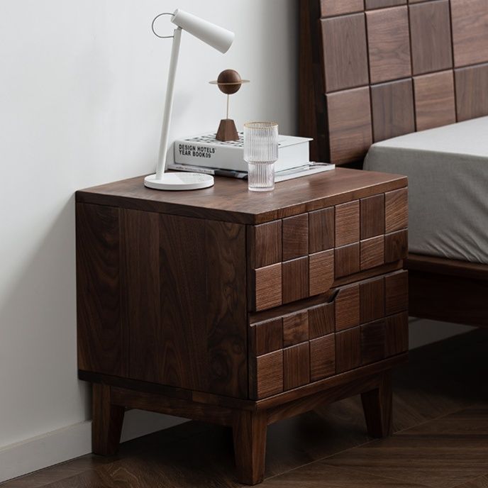 ベッドサイドテーブル 格子模様木製二段引き出し付きベッドサイドテーブル