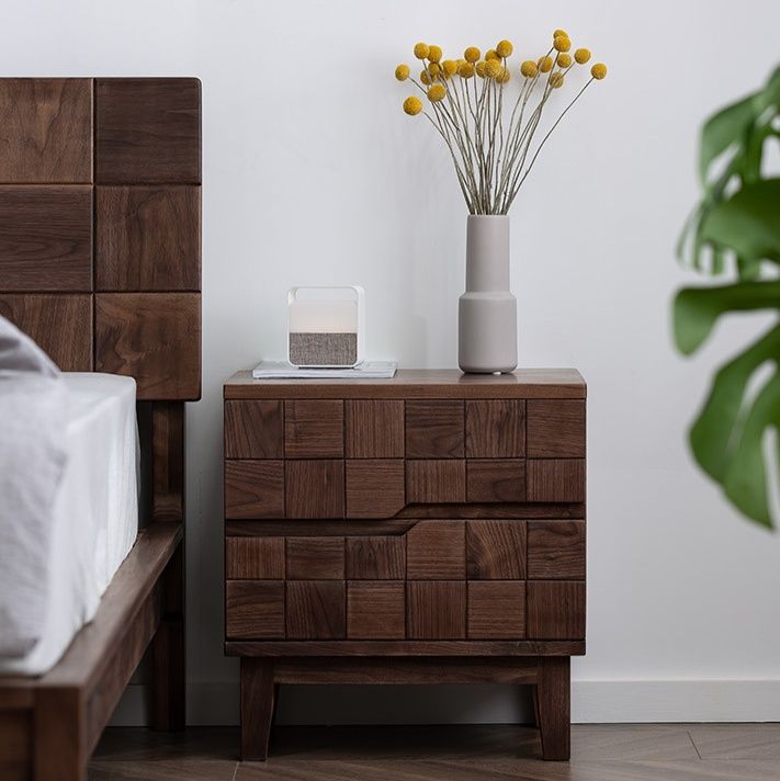 ベッドサイドテーブル 格子模様木製二段引き出し付きベッドサイドテーブル