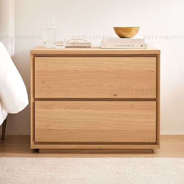 ベッドサイドテーブル 天然木二段引き出し付きベッドサイド収納台