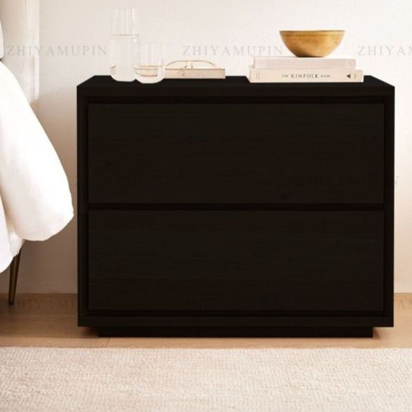 ベッドサイドテーブル 天然木二段引き出し付きベッドサイド収納台