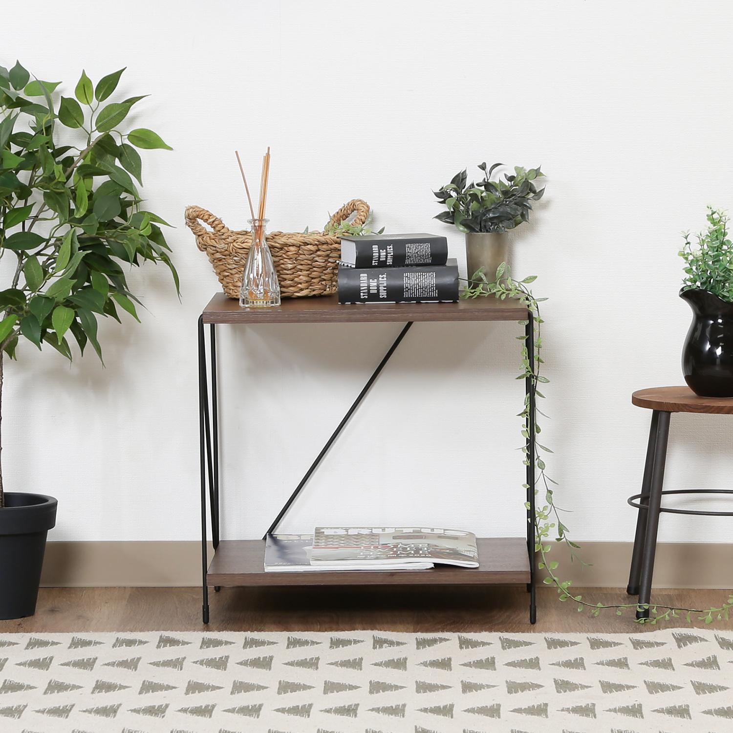 ベッドサイドテーブル 小さめ 二段ワイヤー棚 幅40センチ ブラウン