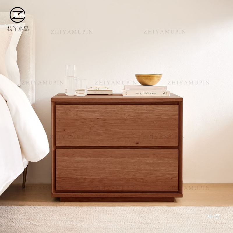 ベッドサイドテーブル 天然木二段引き出し付きベッドサイド収納台