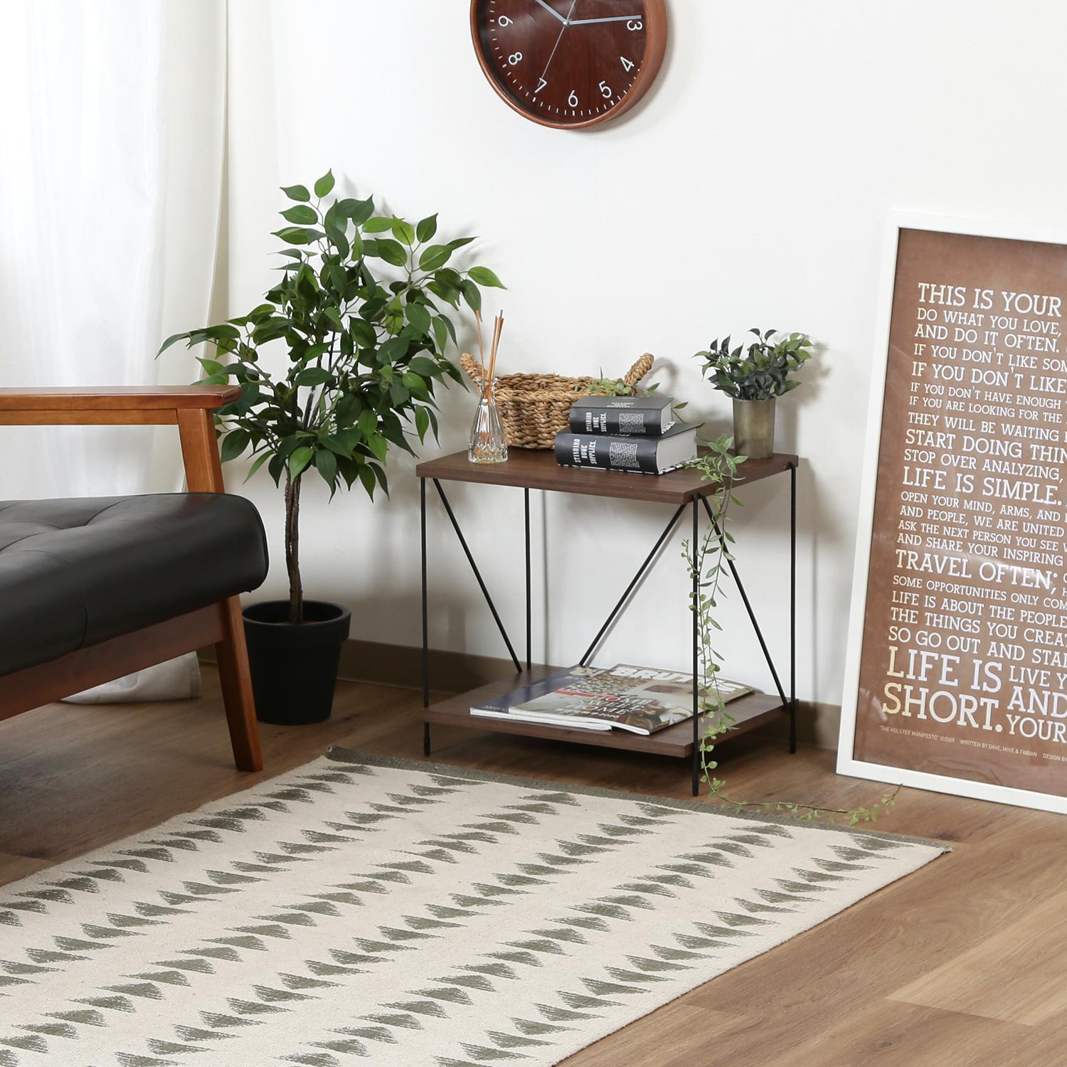 ベッドサイドテーブル 小さめ 二段ワイヤー棚 幅40センチ ブラウン