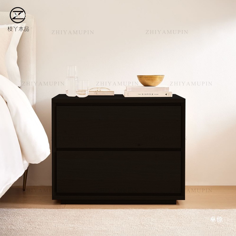 ベッドサイドテーブル 天然木二段引き出し付きベッドサイド収納台