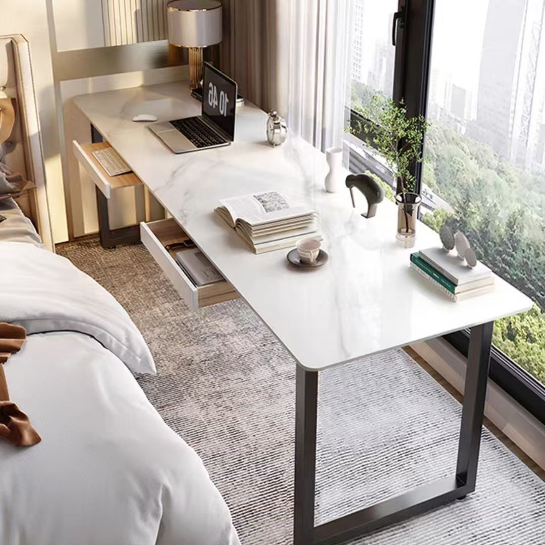 ベッドサイドテーブル 大きめ 多機能収納付き大理石調ベッドサイドテーブル