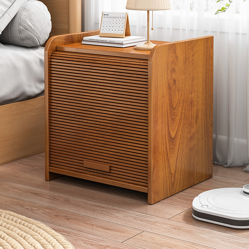 ベッドサイドテーブル 横縞格子扉付き収納小さめベッドサイドテーブル