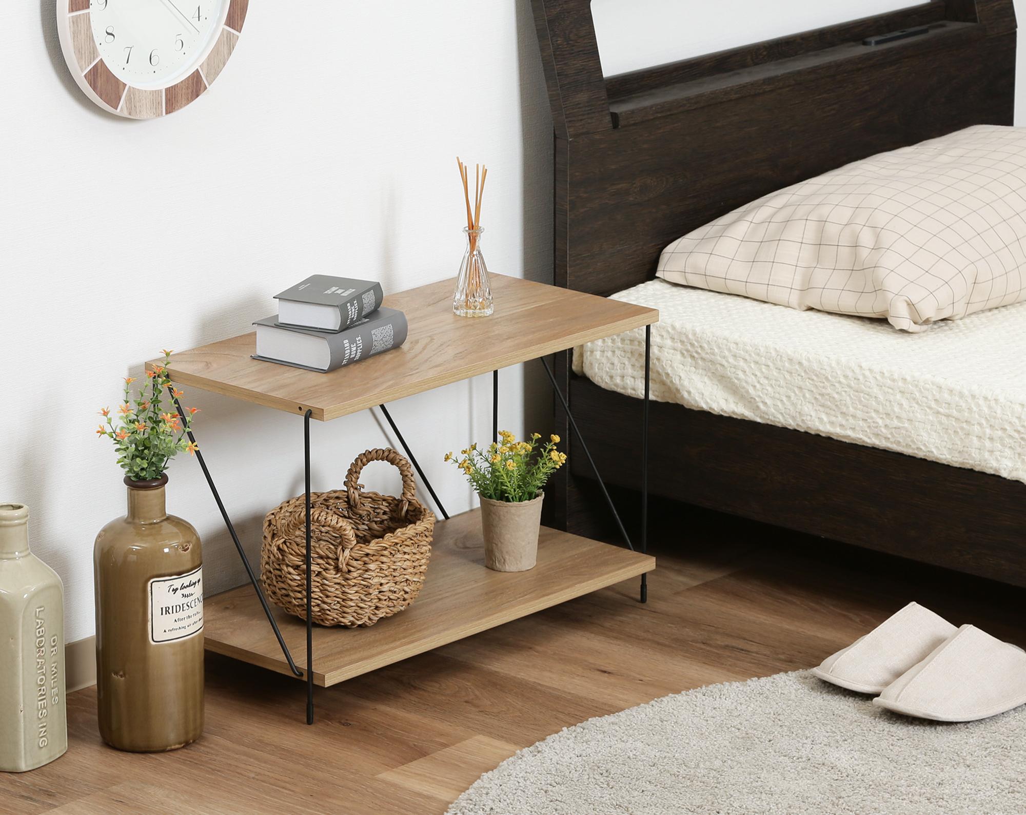 ベッドサイドテーブル 大きめワイヤーラック二段オープン収納テーブル