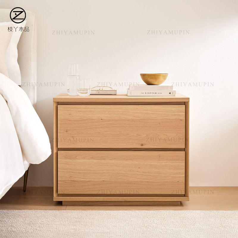 ベッドサイドテーブル 天然木二段引き出し付きベッドサイド収納台