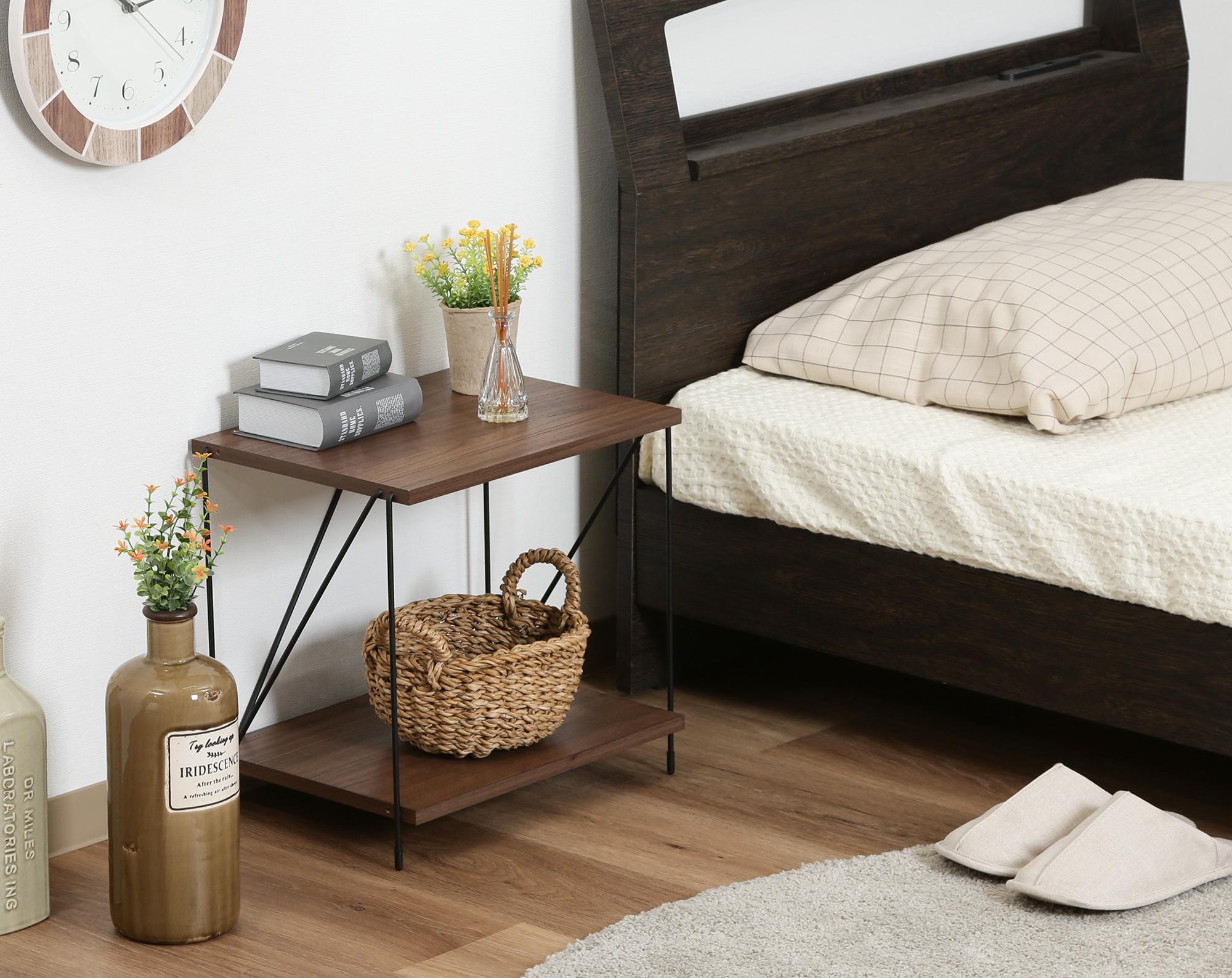 ベッドサイドテーブル 小さめ 二段ワイヤー棚 幅40センチ ブラウン