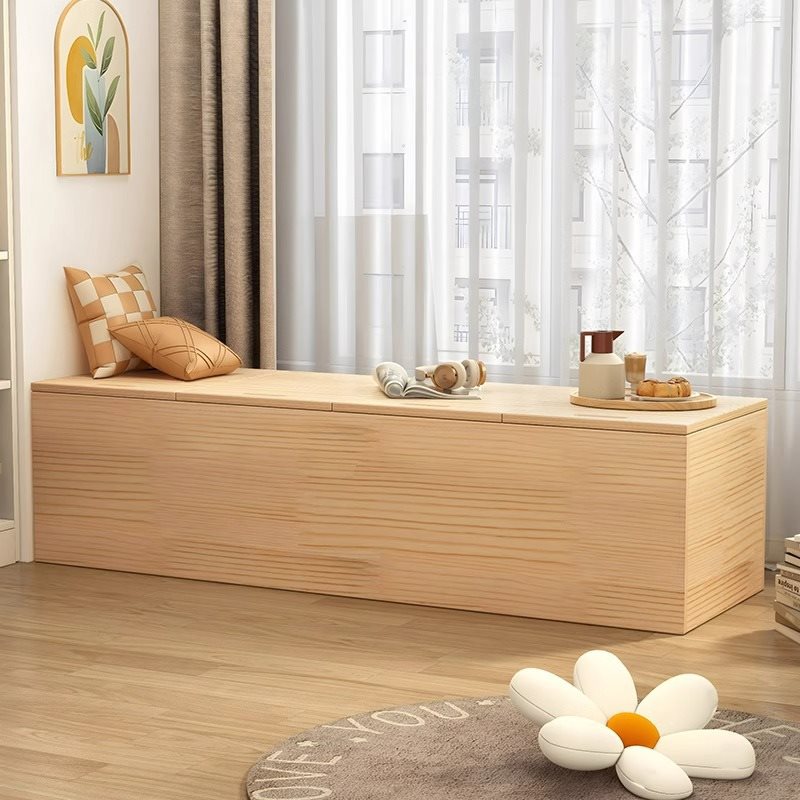 ベッドサイドテーブル 大きめ 天然木製大容量収納付きベンチ型サイドテーブル