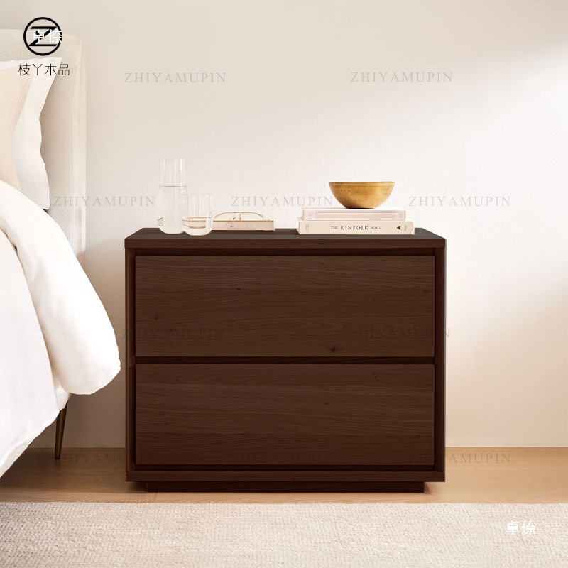 ベッドサイドテーブル 天然木二段引き出し付きベッドサイド収納台