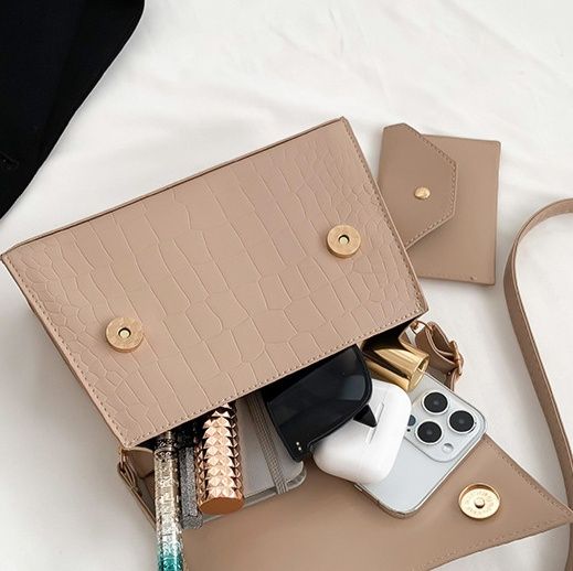 2wayバッグ 編み込みハンドル付きクロコダイル風型押しハンドバッグ