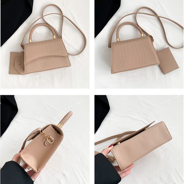 2wayバッグ 編み込みハンドル付きクロコダイル風型押しハンドバッグ