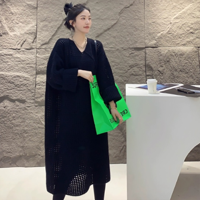 フォーマルカジュアル 通勤用 透かし編み長袖ワンピース ブイネック きれいめ