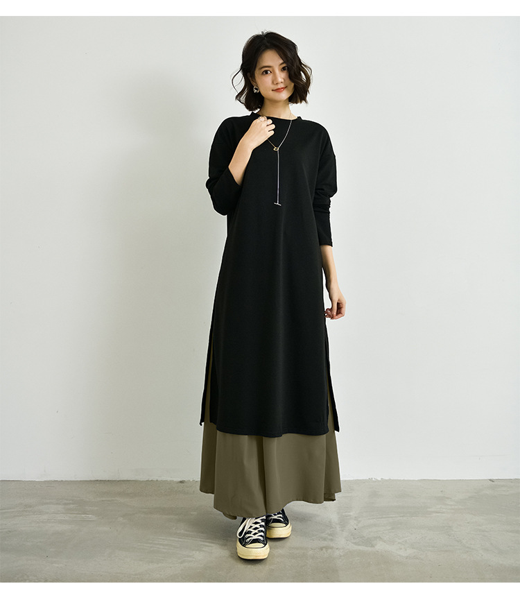 フォーマルカジュアル 参観日対応重ね着風長袖ワンピース上品ロング丈きれいめ