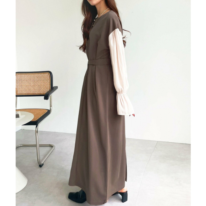 フォーマルカジュアル 通勤用異素材切替ワンピース　ぽわん袖体型カバー