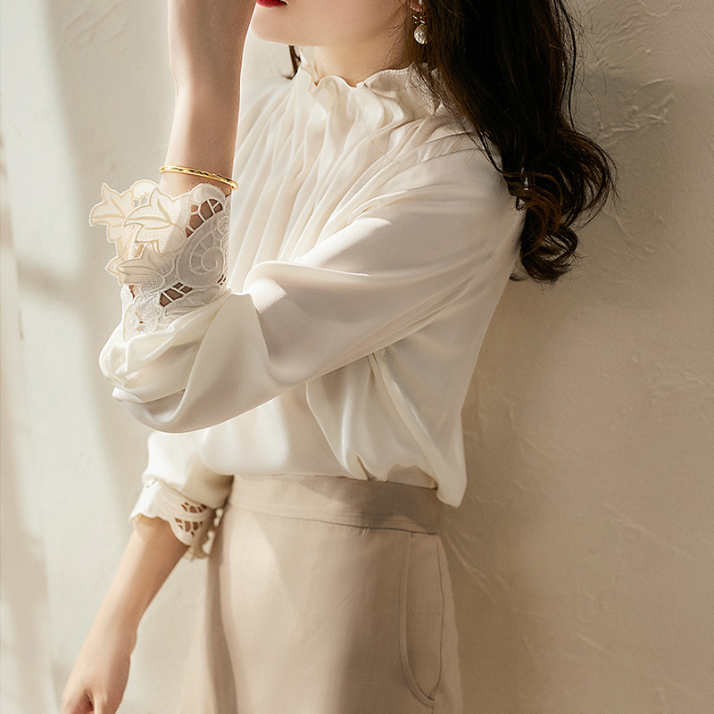 フォーマルカジュアル 卒業式対応 透け感シフォン袖レースブラウス 白黒