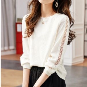 フォーマルカジュアル レース袖デザイン上品な長袖Tシャツ