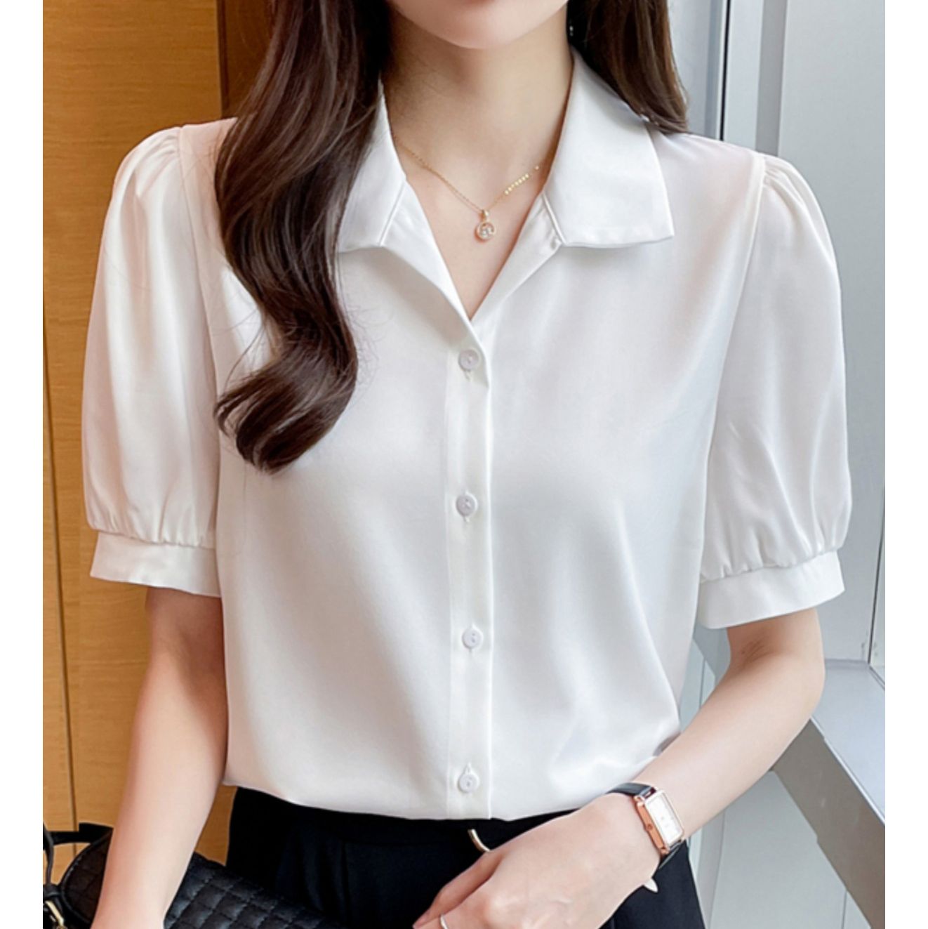 フォーマルカジュアル 優美パフスリーブ襟付きブラウス