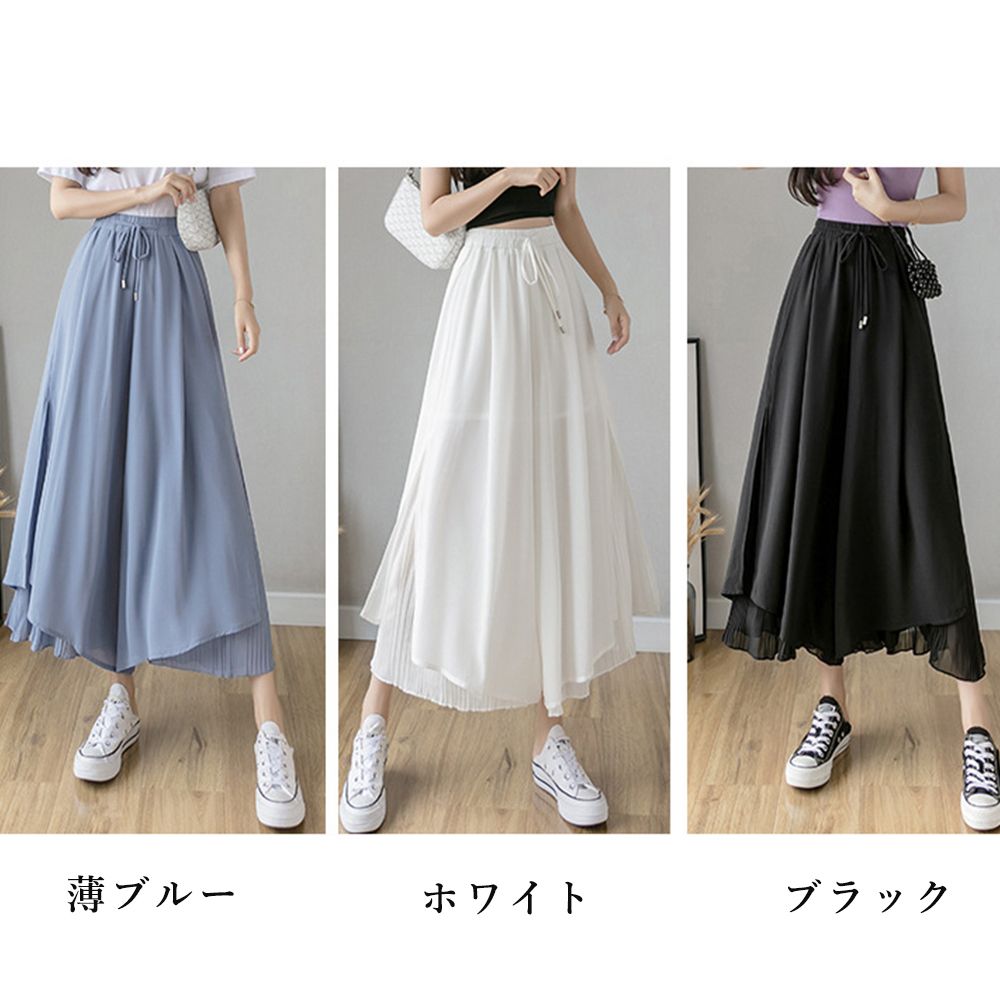 フォーマルカジュアル シフォン重ね プリーツワイドパンツ 春夏
