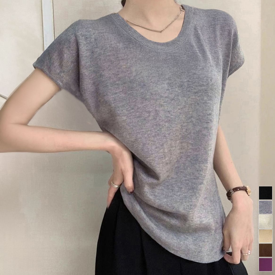 フォーマルカジュアル 通勤用 ニットTシャツ レディース 上品 半袖
