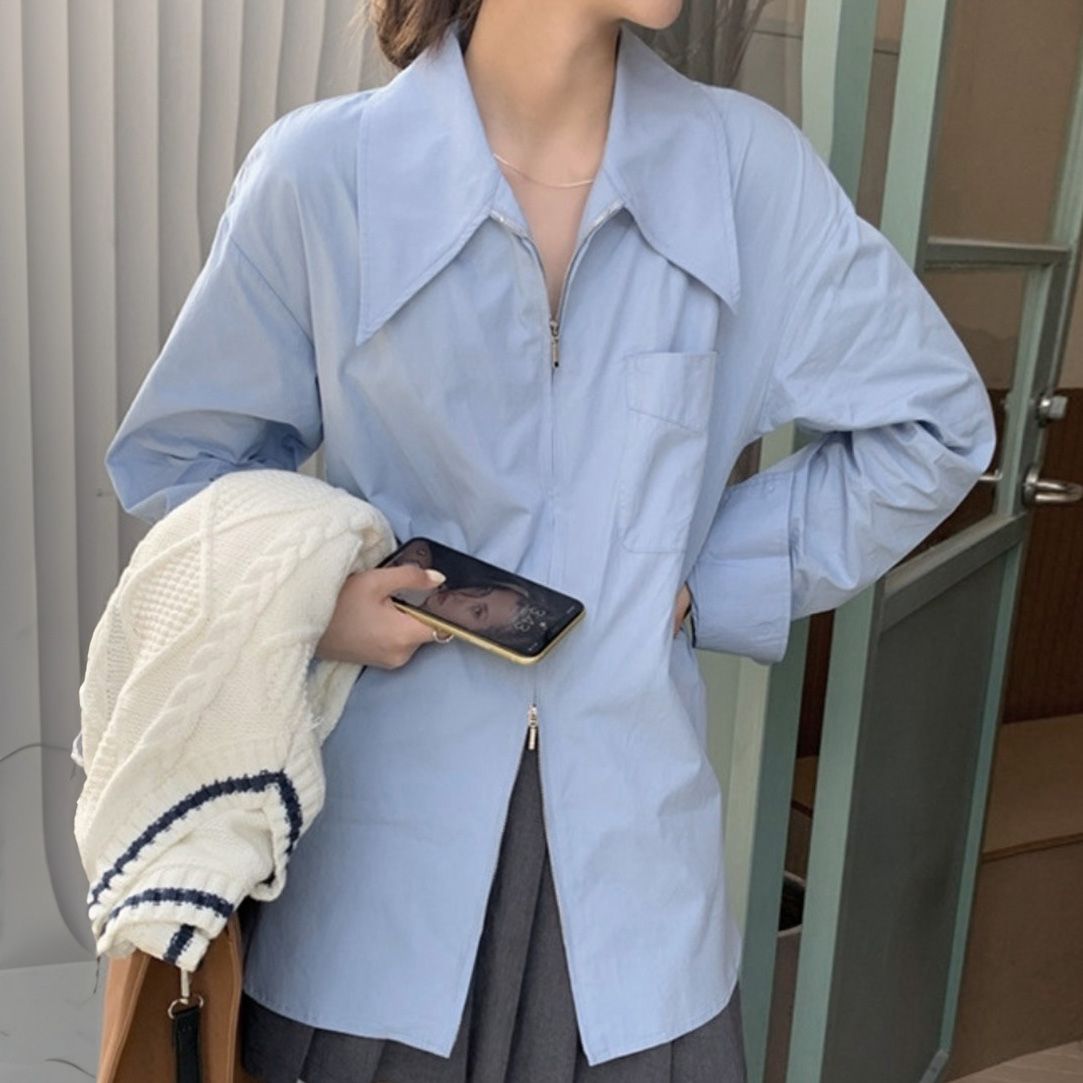 フォーマルカジュアル 参観日対応二重ジップ長袖シャツ白