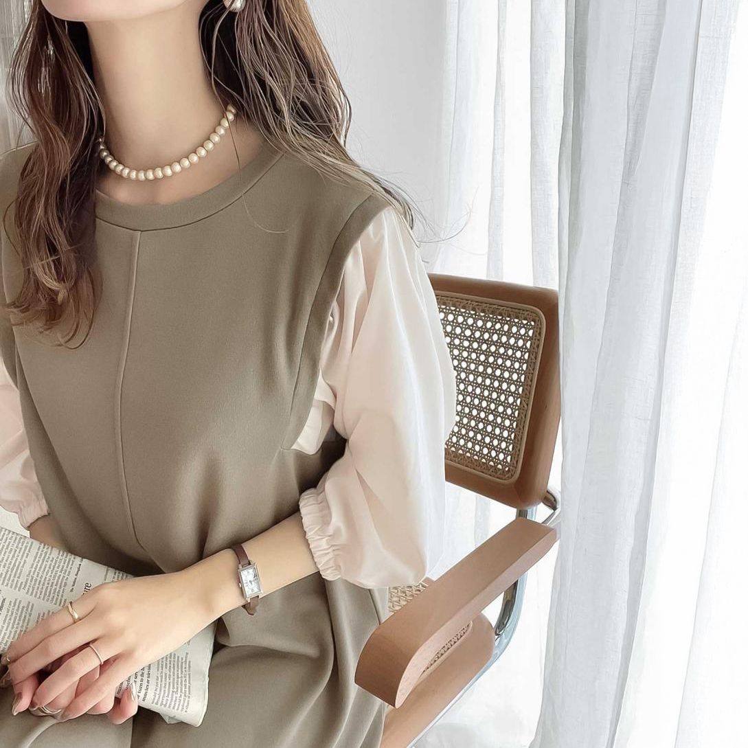 フォーマルカジュアル 参観日対応 ぽわん袖異素材ワンピース 体型カバーきれいめ