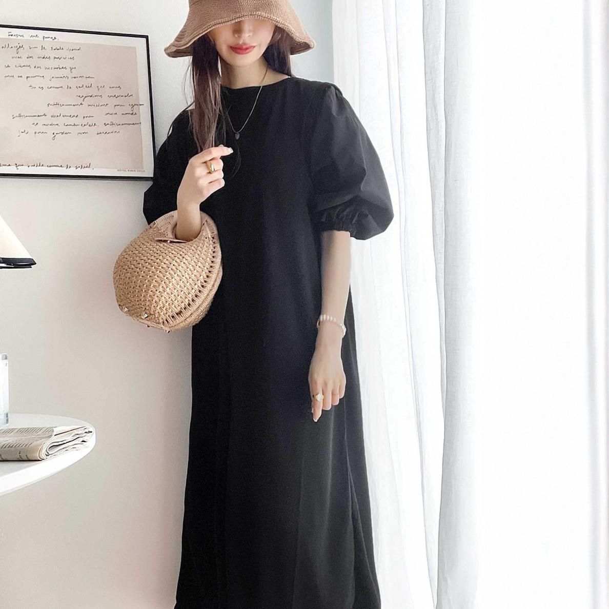フォーマルカジュアル 参観日対応 ぽわん袖異素材ワンピース 体型カバーきれいめ