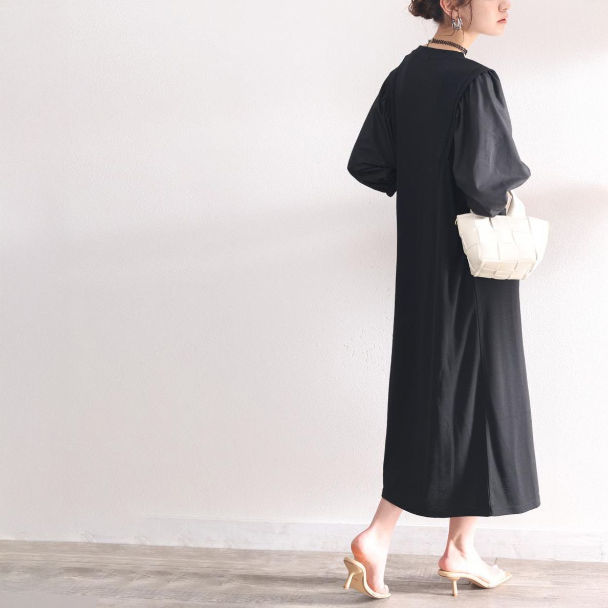 フォーマルカジュアル 参観日対応 ぽわん袖異素材ワンピース 体型カバーきれいめ