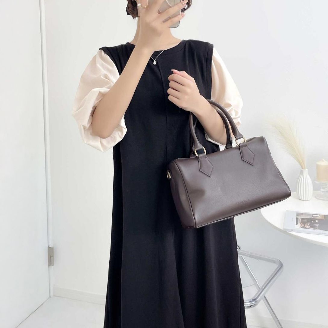 フォーマルカジュアル 参観日対応 ぽわん袖異素材ワンピース 体型カバーきれいめ