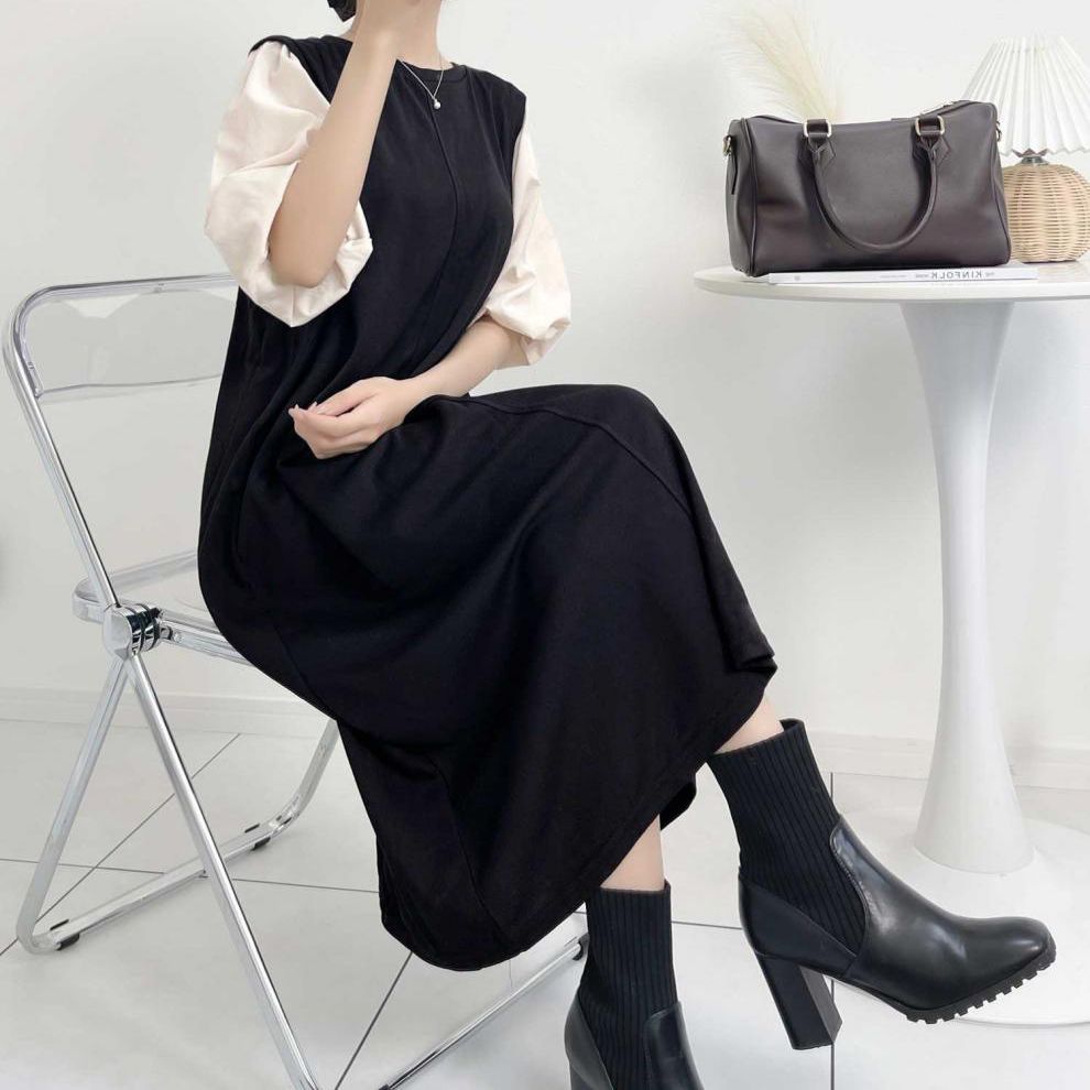 フォーマルカジュアル 参観日対応 ぽわん袖異素材ワンピース 体型カバーきれいめ