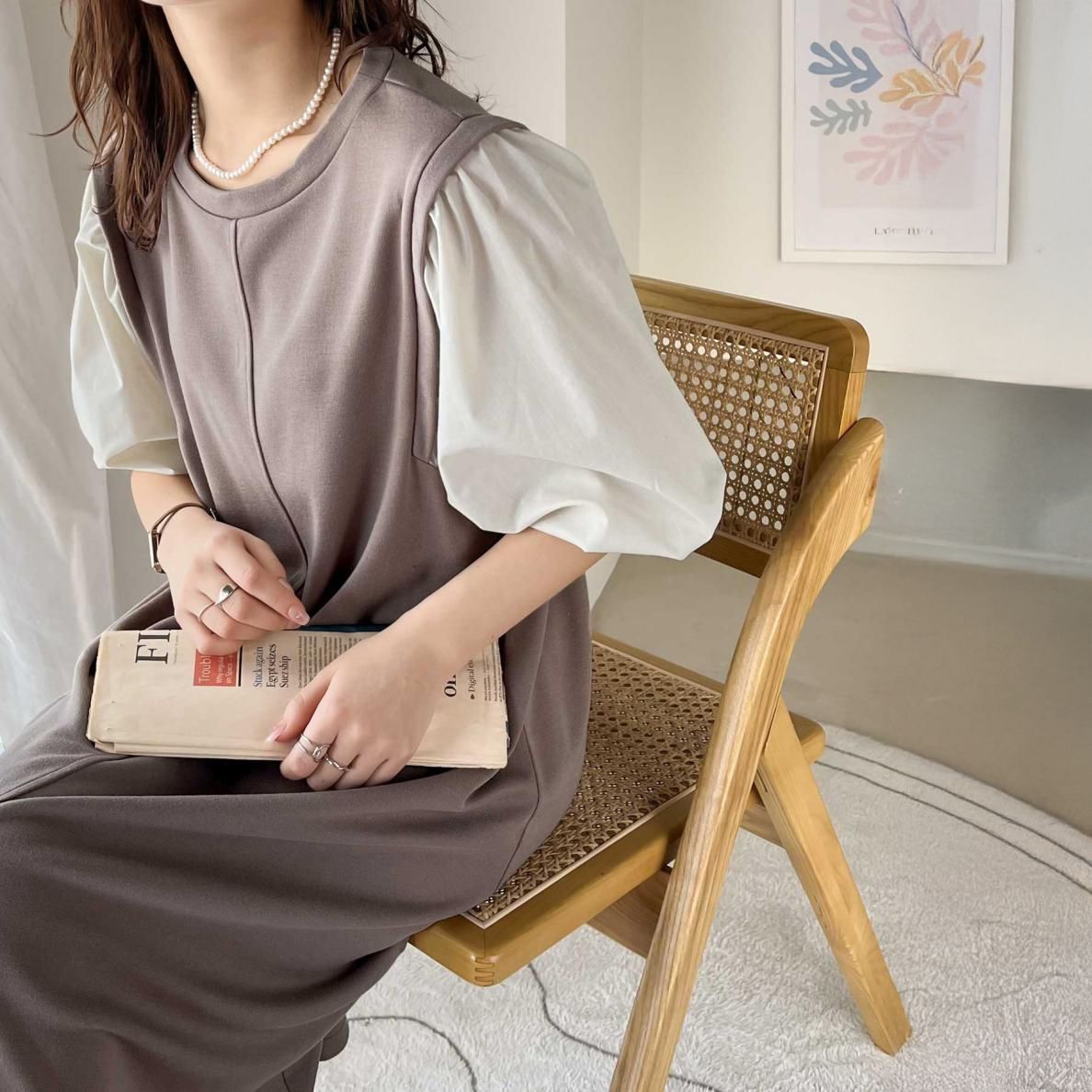 フォーマルカジュアル 参観日対応 ぽわん袖異素材ワンピース 体型カバーきれいめ