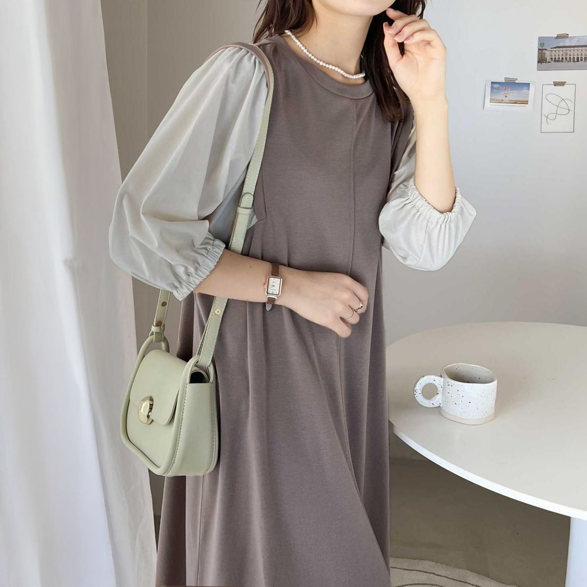 フォーマルカジュアル 参観日対応 ぽわん袖異素材ワンピース 体型カバーきれいめ