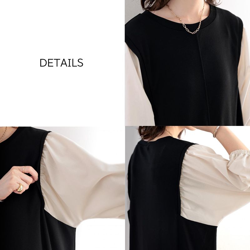 フォーマルカジュアル 参観日対応 ぽわん袖異素材ワンピース 体型カバーきれいめ