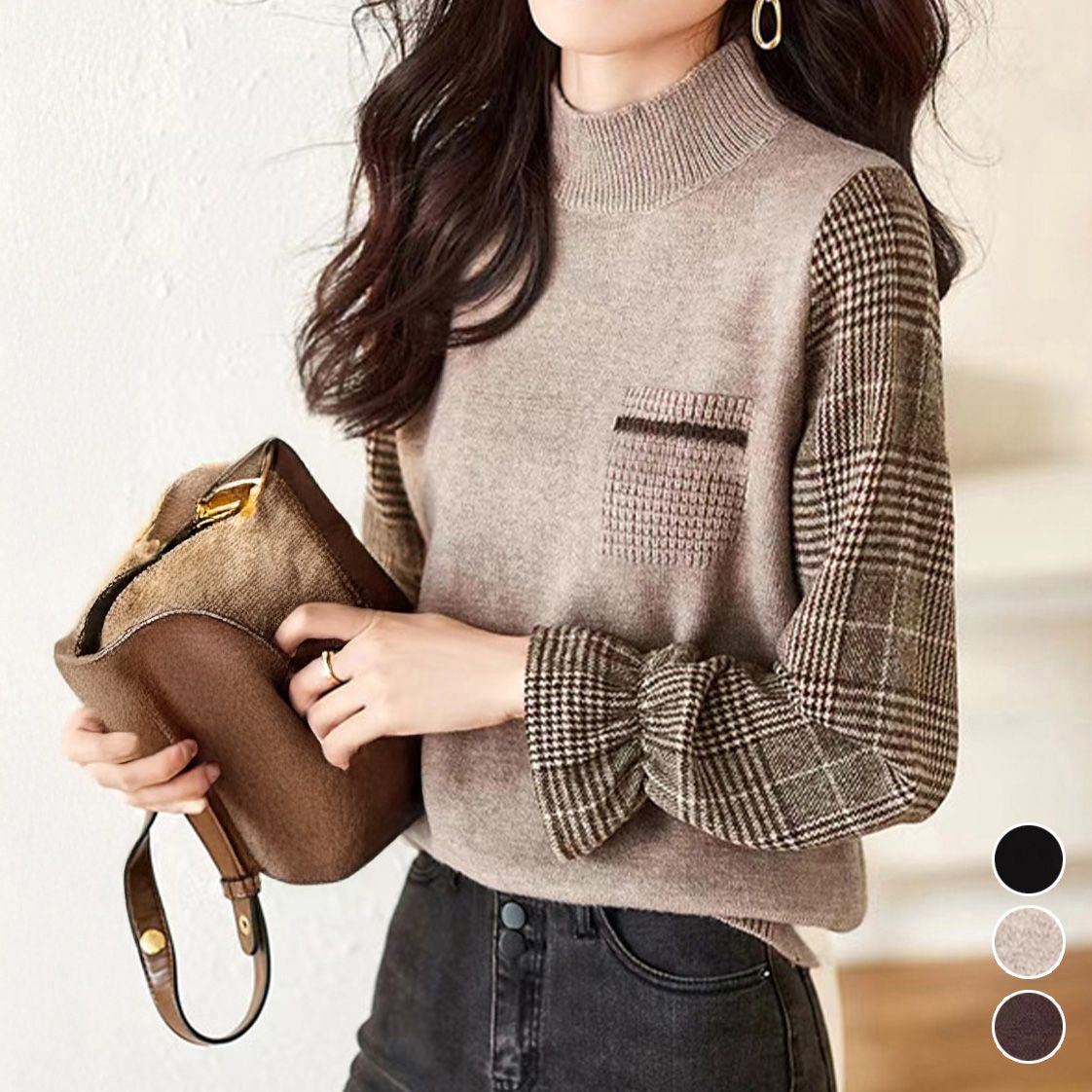 フォーマルカジュアル 参観日にも最適チェック袖ドッキングニット秋冬レディース