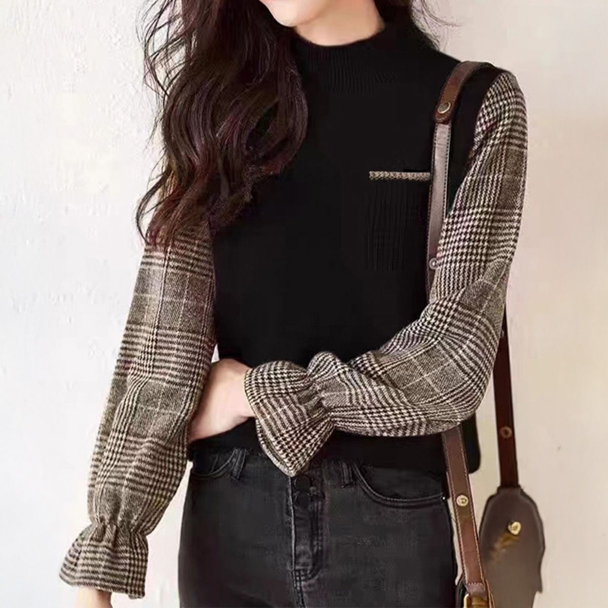 フォーマルカジュアル 参観日にも最適チェック袖ドッキングニット秋冬レディース