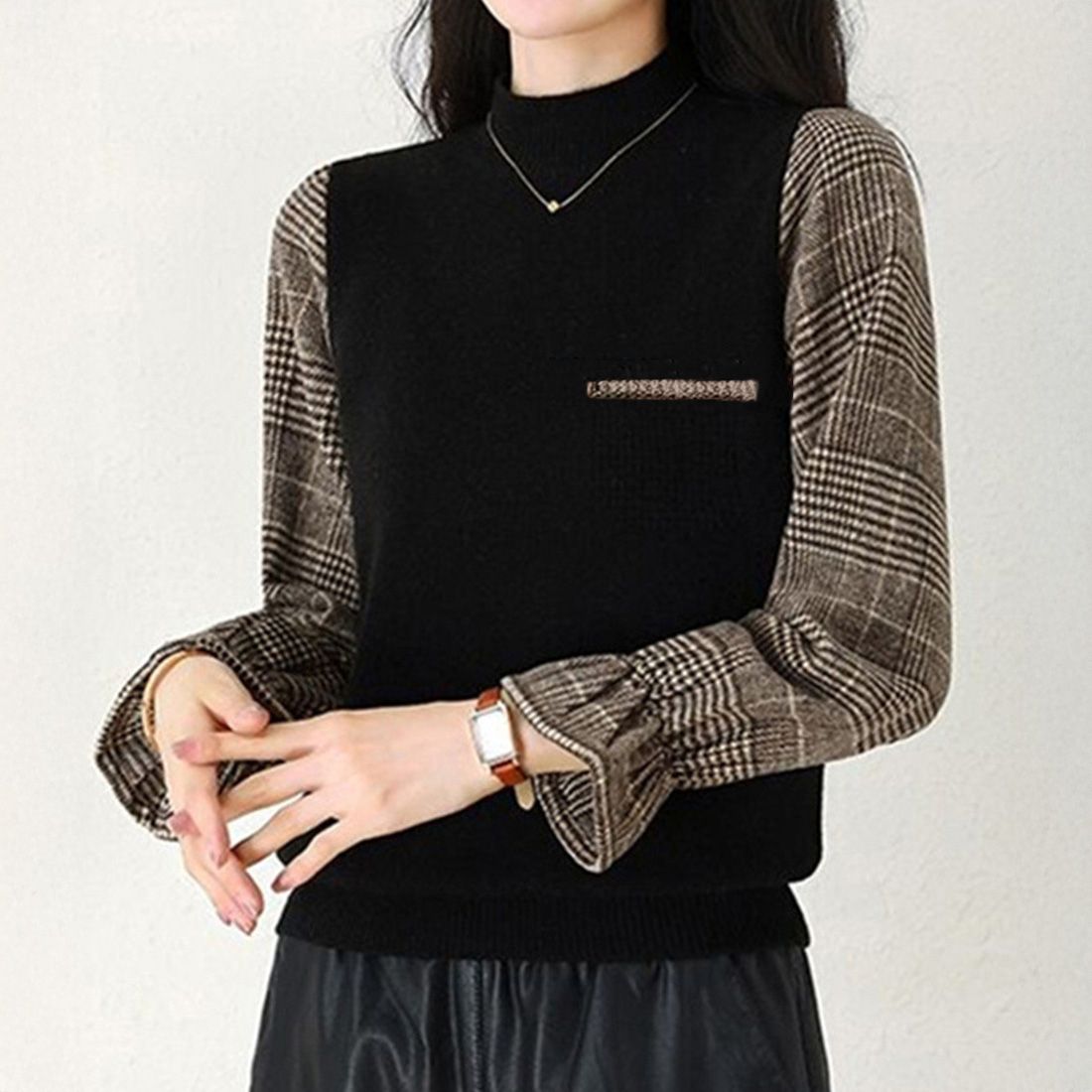 フォーマルカジュアル 参観日にも最適チェック袖ドッキングニット秋冬レディース