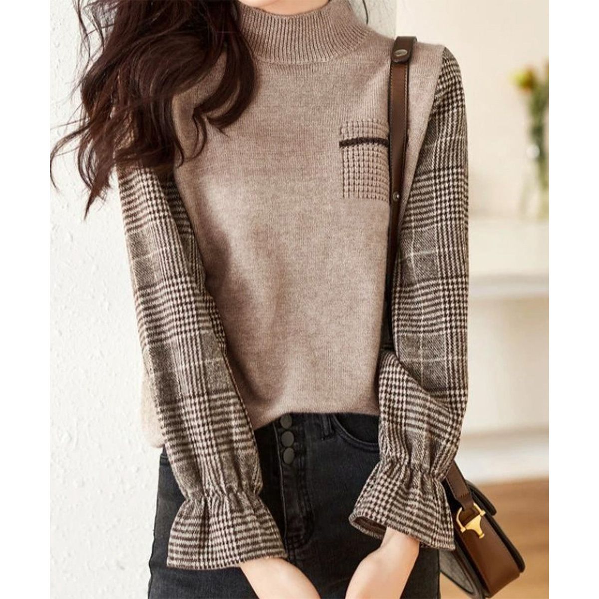 フォーマルカジュアル 参観日にも最適チェック袖ドッキングニット秋冬レディース