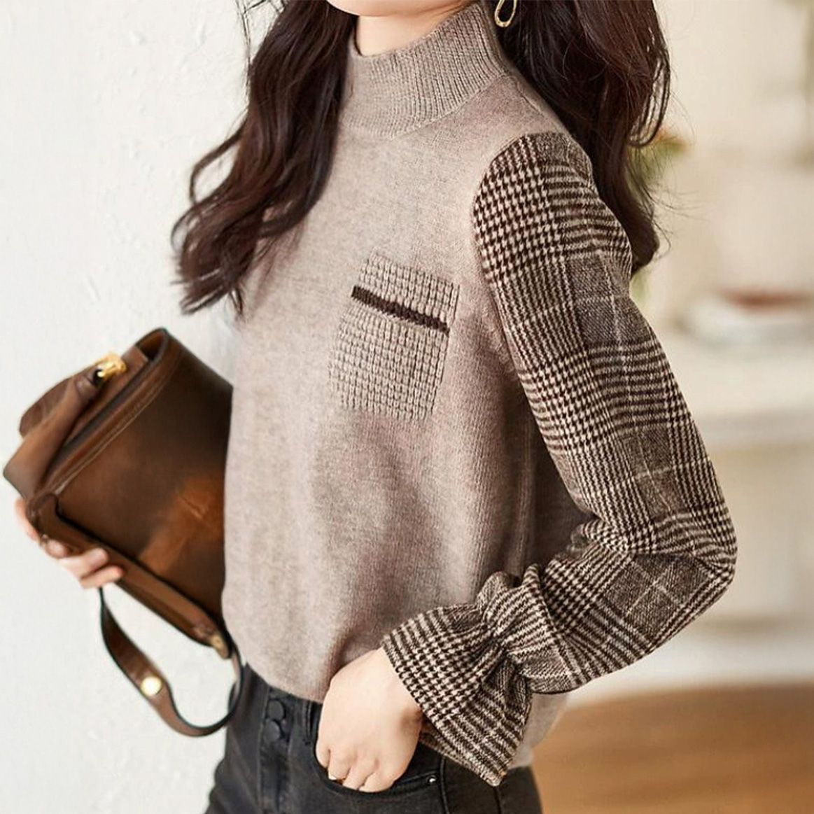 フォーマルカジュアル 参観日にも最適チェック袖ドッキングニット秋冬レディース